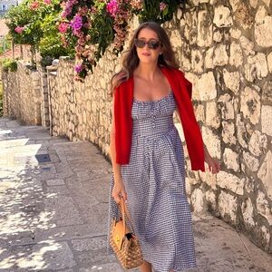 Elegant navy and White Checkered Midi Dress